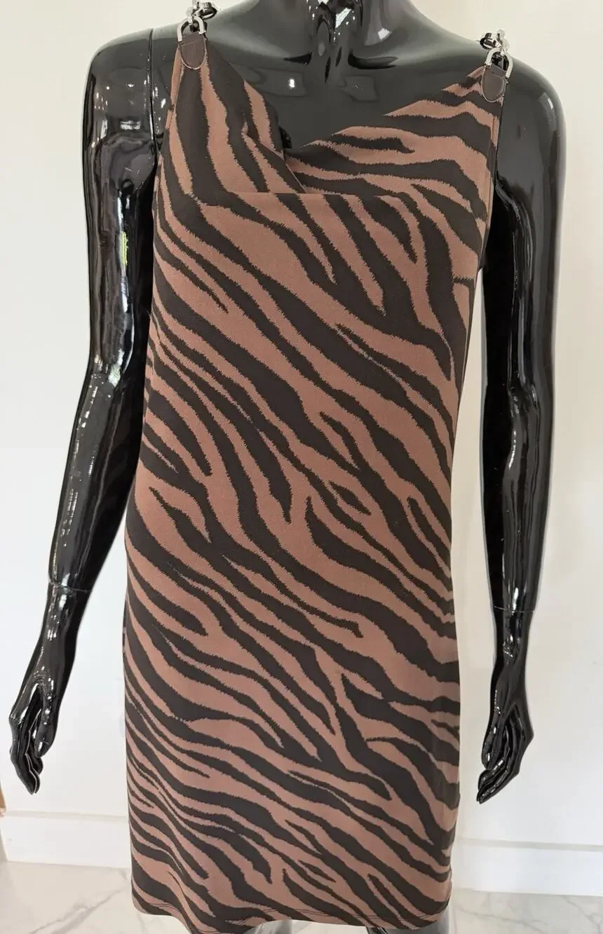 Michael Michael Kors Dress S Zebra Animal Print Cowl Neck Hardware Brown Black